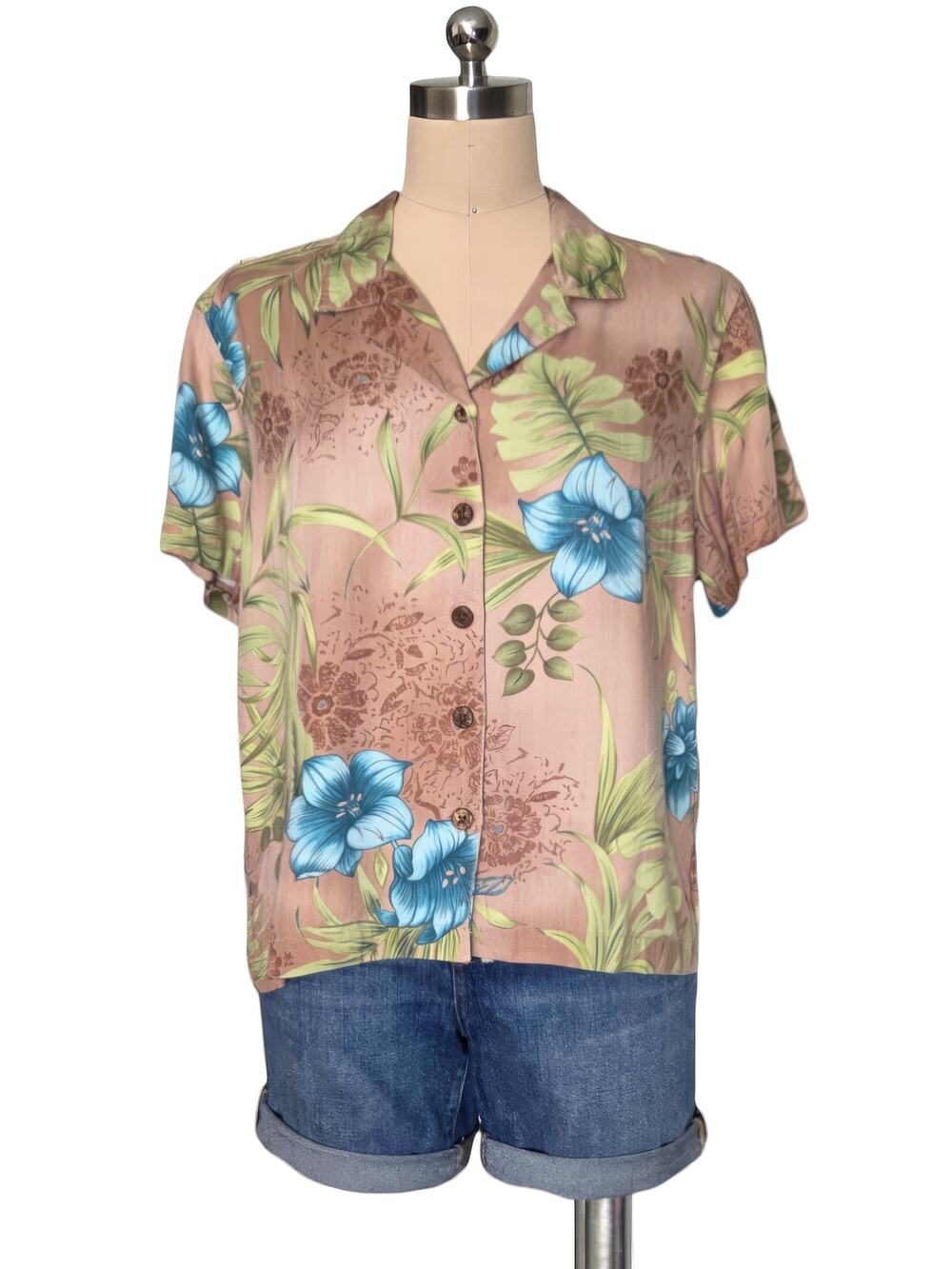 LA CABANA Tan Hawaiian Floral Print Button Front Top Blouse Shirt PL Petite L